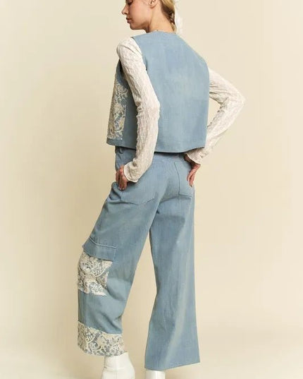 Davi & Dani Lace Patch Open Front Denim Vest - THE AMERICAN BLUE