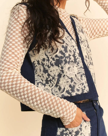 Davi & Dani Lace Patch Open Front Denim Vest - THE AMERICAN BLUE