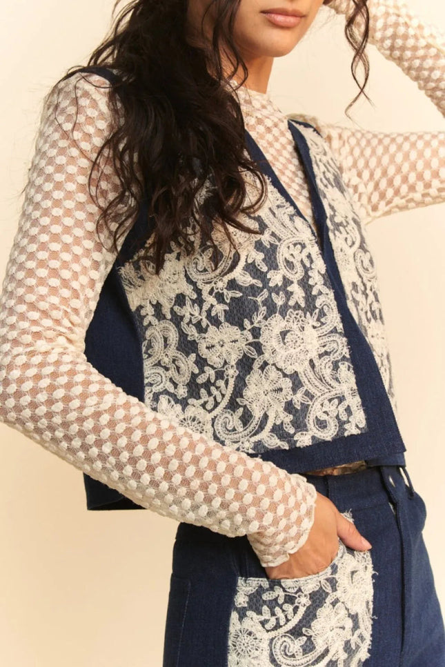 Davi & Dani Lace Patch Open Front Denim Vest - THE AMERICAN BLUE