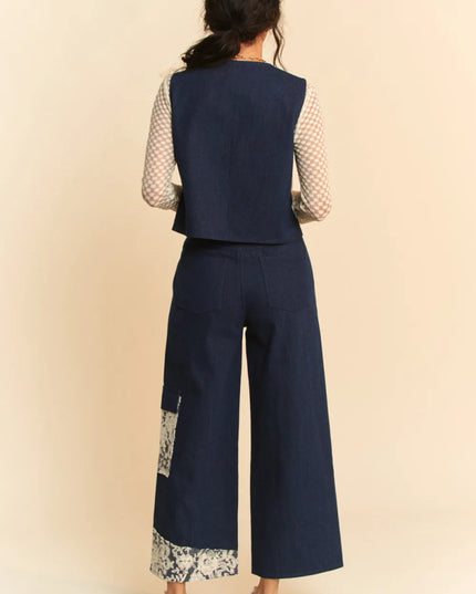 Davi & Dani Lace Patch Open Front Denim Vest - THE AMERICAN BLUE