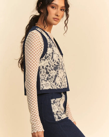 Davi & Dani Lace Patch Open Front Denim Vest - THE AMERICAN BLUE