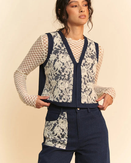 Davi & Dani Lace Patch Open Front Denim Vest - THE AMERICAN BLUE