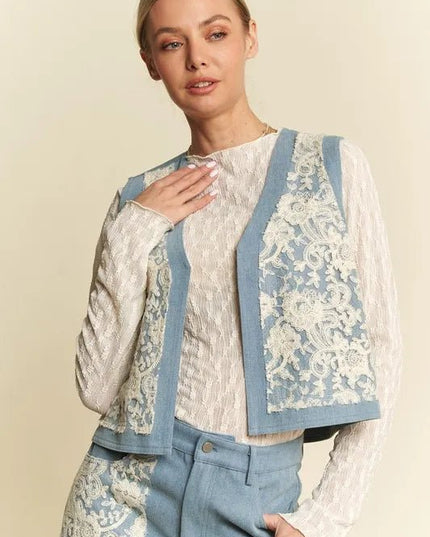 Davi & Dani Lace Patch Open Front Denim Vest - THE AMERICAN BLUE
