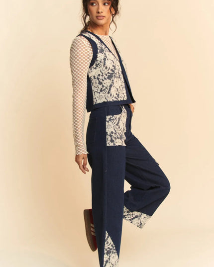 Davi & Dani Lace Patch Open Front Denim Vest - THE AMERICAN BLUE