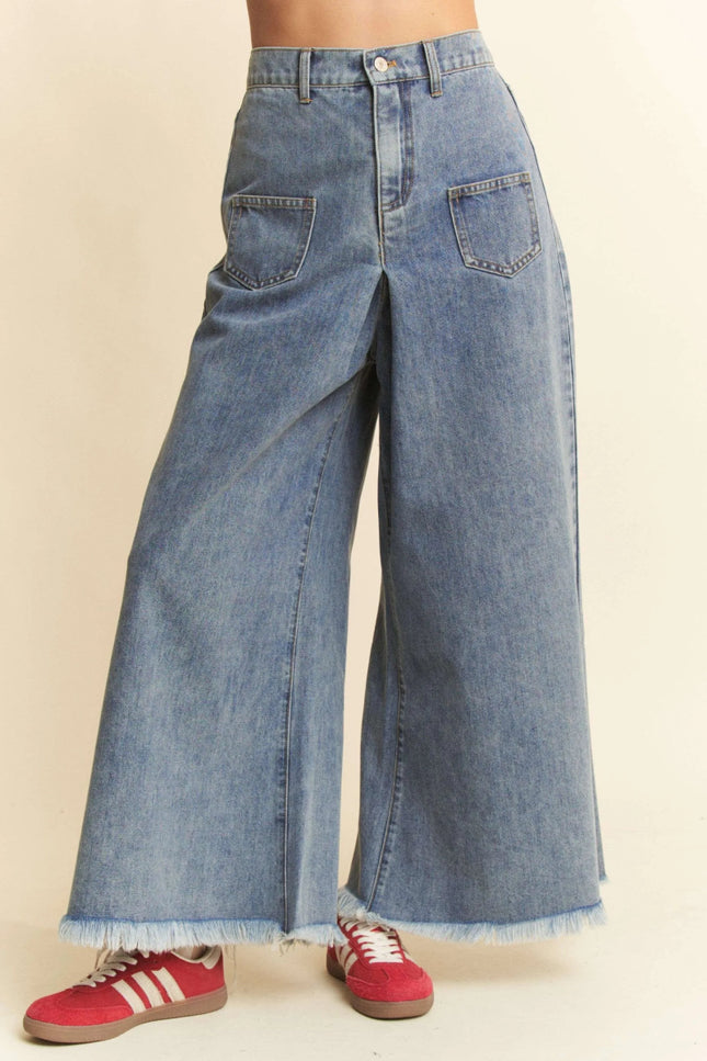 Davi & Dani Patch Pocket Wide Leg Culotte Jeans - THE AMERICAN BLUE