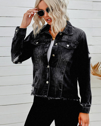 Distressed Raw Hem Denim Jacket - THE AMERICAN BLUE