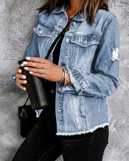 Distressed Raw Hem Denim Jacket - THE AMERICAN BLUE