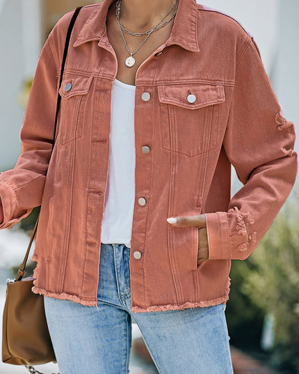 Distressed Raw Hem Denim Jacket - THE AMERICAN BLUE