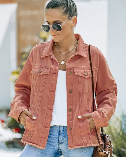 Distressed Raw Hem Denim Jacket - THE AMERICAN BLUE