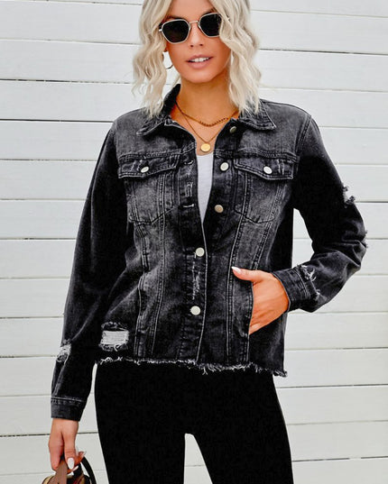Distressed Raw Hem Denim Jacket - THE AMERICAN BLUE