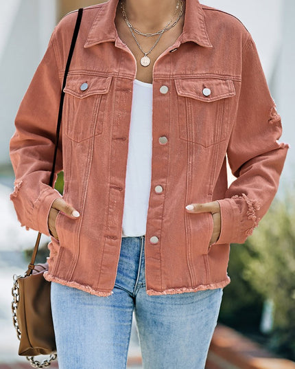 Distressed Raw Hem Denim Jacket - THE AMERICAN BLUE
