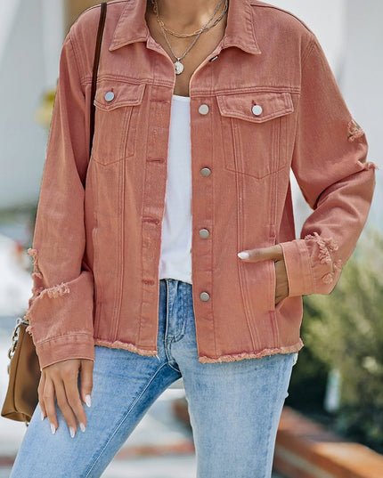 Distressed Raw Hem Denim Jacket - THE AMERICAN BLUE