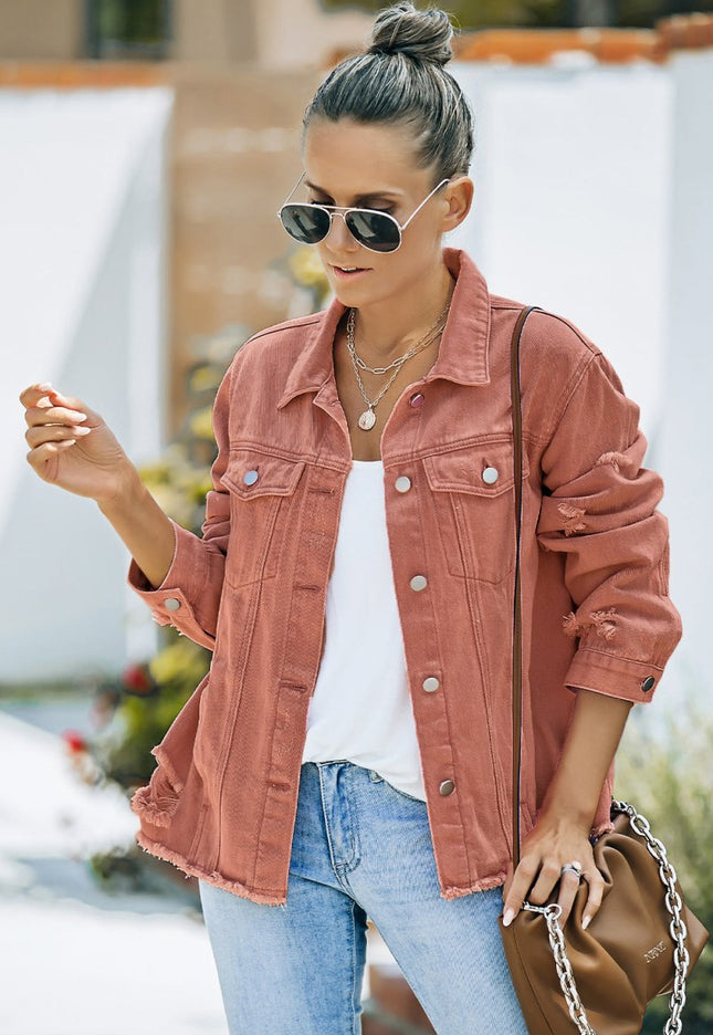 Distressed Raw Hem Denim Jacket - THE AMERICAN BLUE