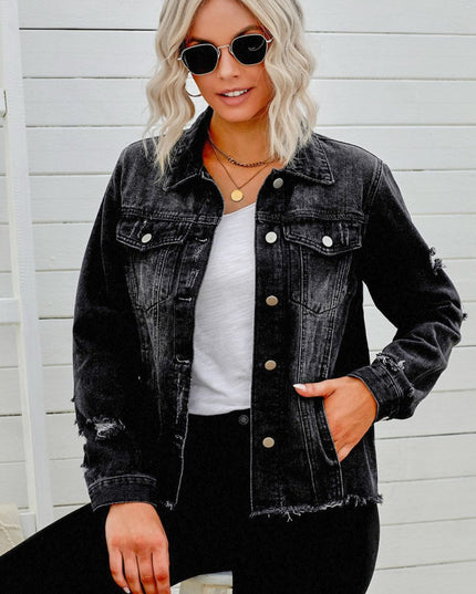 Distressed Raw Hem Denim Jacket - THE AMERICAN BLUE