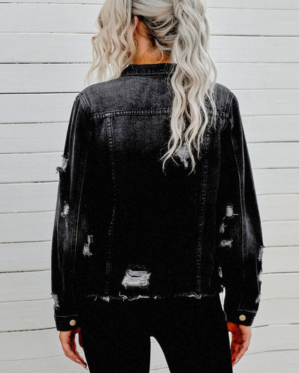 Distressed Raw Hem Denim Jacket - THE AMERICAN BLUE