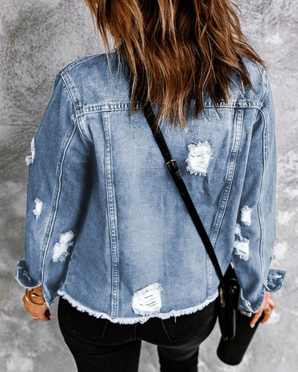 Distressed Raw Hem Denim Jacket - THE AMERICAN BLUE