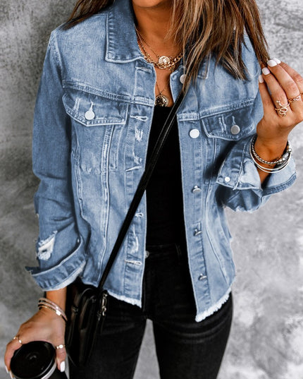 Distressed Raw Hem Denim Jacket - THE AMERICAN BLUE