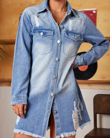 Distressed Raw Hem Denim Mini Dress - THE AMERICAN BLUE