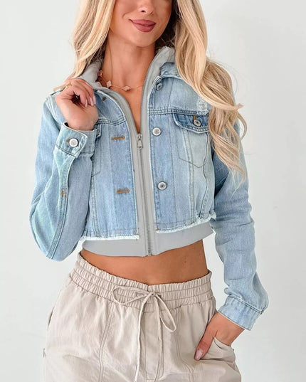 Distressed Zip Up Cropped Hooded Denim Jacket - THE AMERICAN BLUE