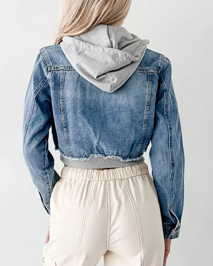 Distressed Zip Up Cropped Hooded Denim Jacket - THE AMERICAN BLUE