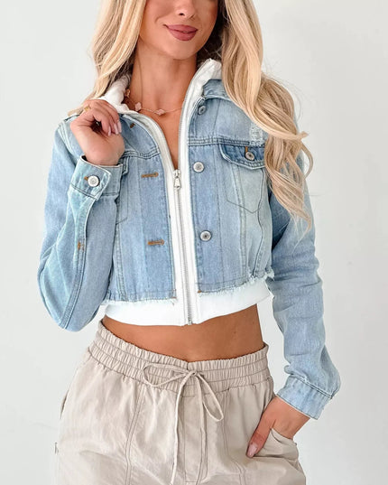 Distressed Zip Up Cropped Hooded Denim Jacket - THE AMERICAN BLUE