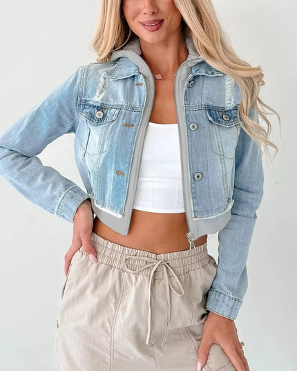 Distressed Zip Up Cropped Hooded Denim Jacket - THE AMERICAN BLUE