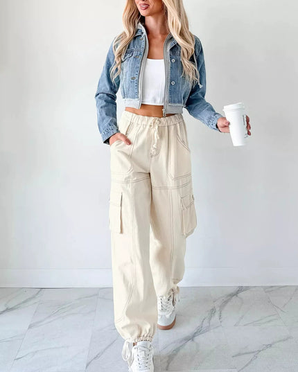 Distressed Zip Up Cropped Hooded Denim Jacket - THE AMERICAN BLUE