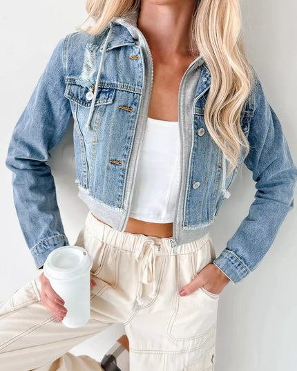 Distressed Zip Up Cropped Hooded Denim Jacket - THE AMERICAN BLUE