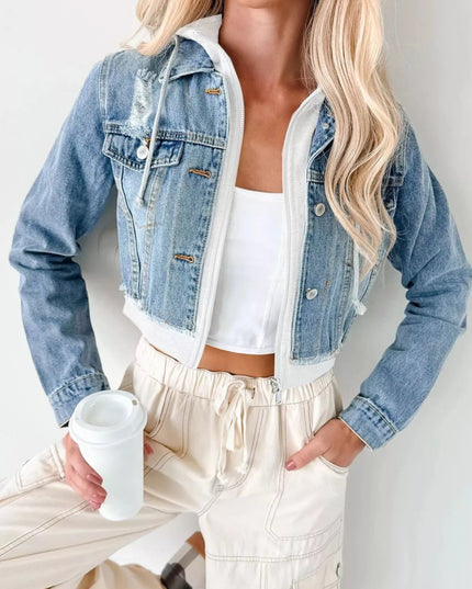 Distressed Zip Up Cropped Hooded Denim Jacket - THE AMERICAN BLUE