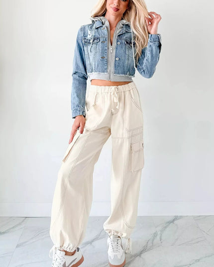 Distressed Zip Up Cropped Hooded Denim Jacket - THE AMERICAN BLUE