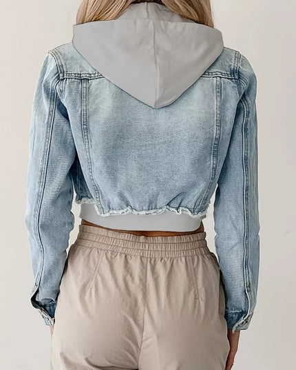 Distressed Zip Up Cropped Hooded Denim Jacket - THE AMERICAN BLUE