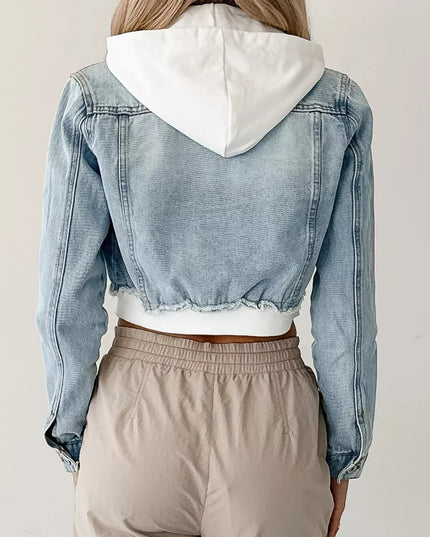 Distressed Zip Up Cropped Hooded Denim Jacket - THE AMERICAN BLUE