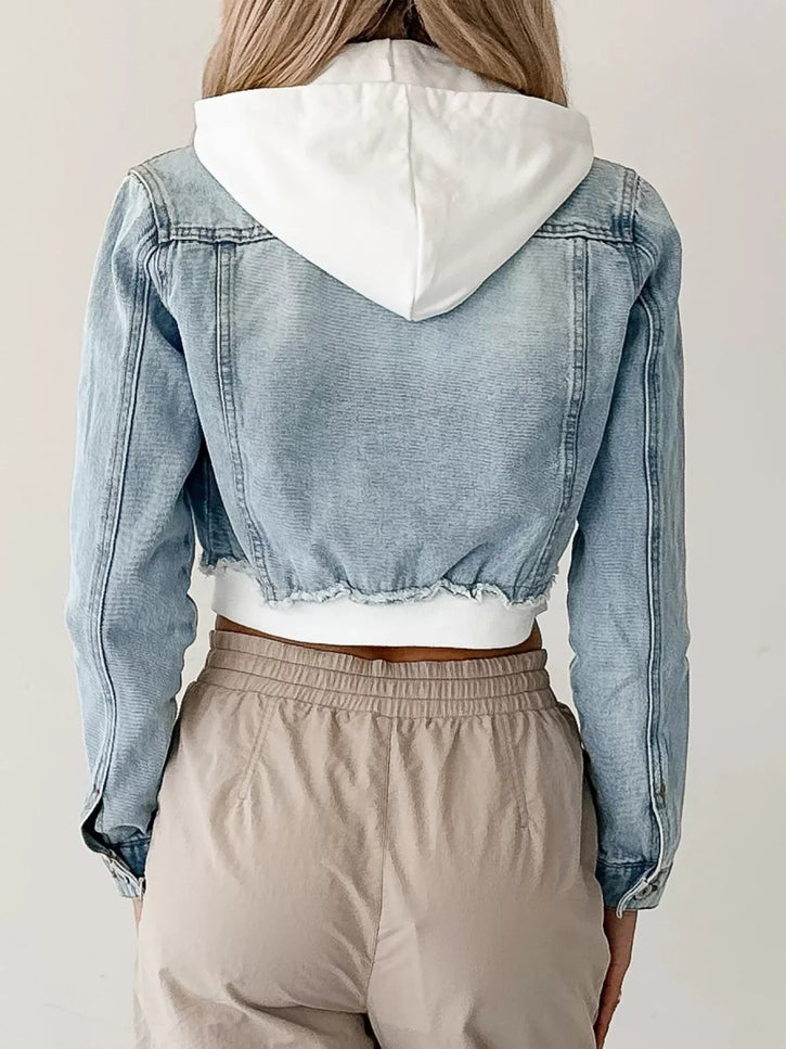 Distressed Zip Up Cropped Hooded Denim Jacket - THE AMERICAN BLUE