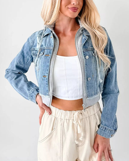 Distressed Zip Up Cropped Hooded Denim Jacket - THE AMERICAN BLUE
