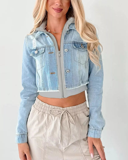 Distressed Zip Up Cropped Hooded Denim Jacket - THE AMERICAN BLUE