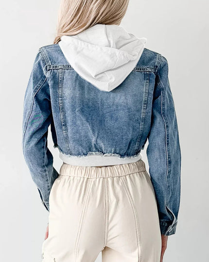 Distressed Zip Up Cropped Hooded Denim Jacket - THE AMERICAN BLUE