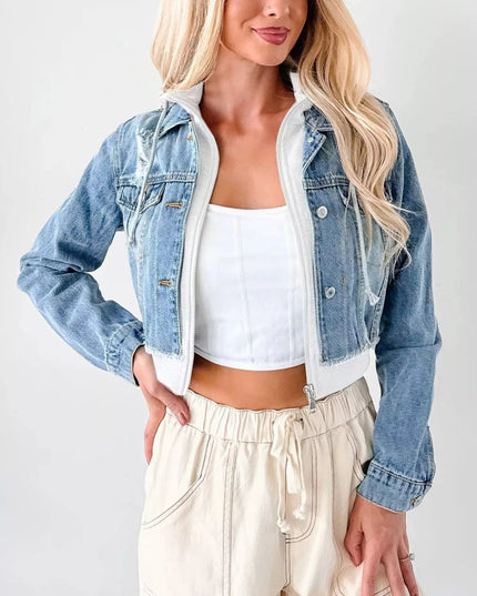 Distressed Zip Up Cropped Hooded Denim Jacket - THE AMERICAN BLUE