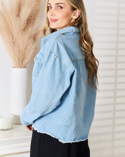 Double Take Dropped Shoulder Raw Hem Denim Jacket - THE AMERICAN BLUE