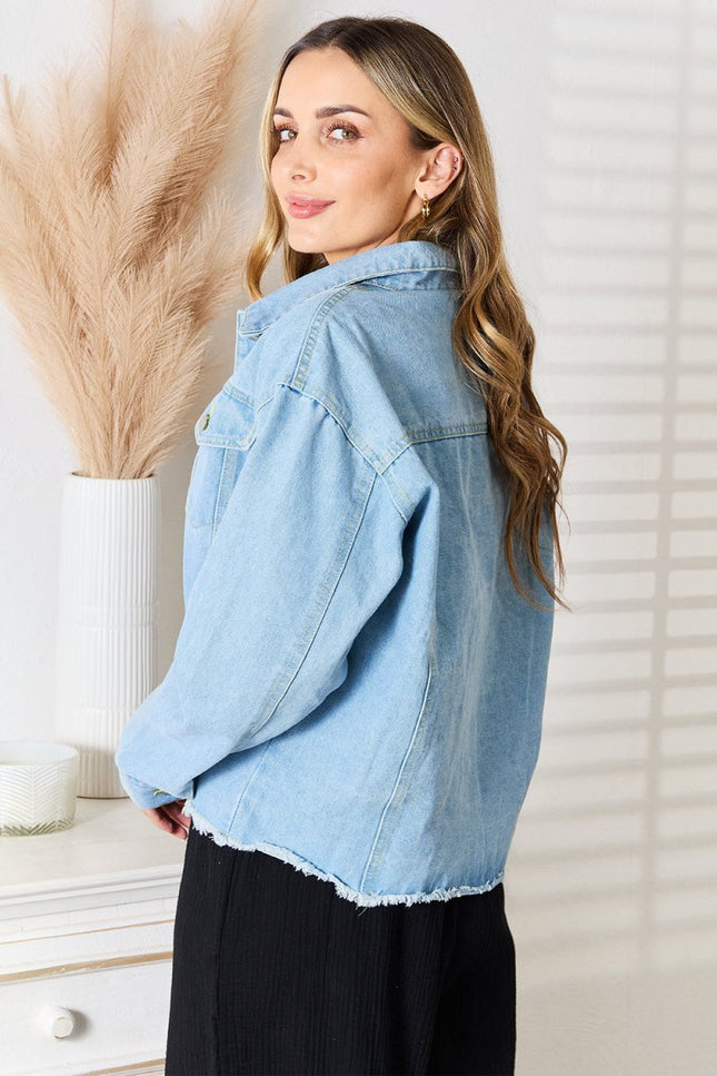Double Take Dropped Shoulder Raw Hem Denim Jacket - THE AMERICAN BLUE