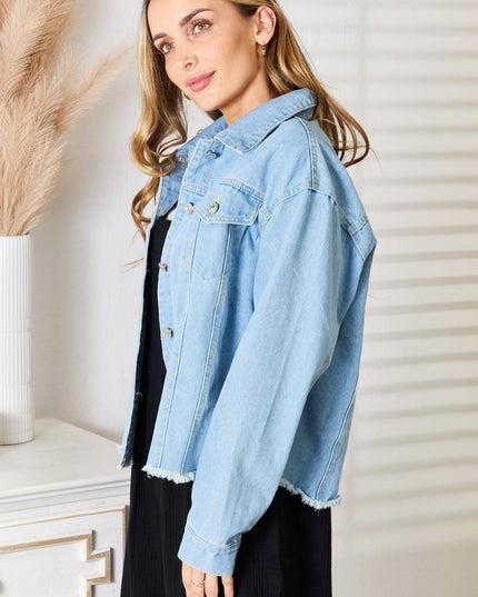 Double Take Dropped Shoulder Raw Hem Denim Jacket - THE AMERICAN BLUE