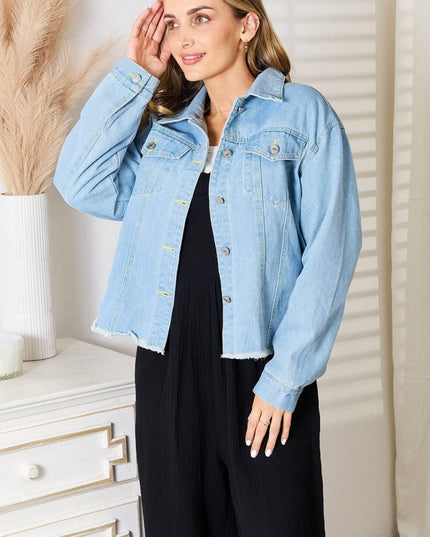 Double Take Dropped Shoulder Raw Hem Denim Jacket - THE AMERICAN BLUE