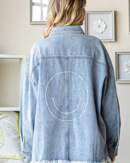 First Love Smile Face Button Down Raw Hem Denim Jacket - THE AMERICAN BLUE
