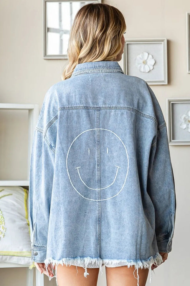 First Love Smile Face Button Down Raw Hem Denim Jacket - THE AMERICAN BLUE