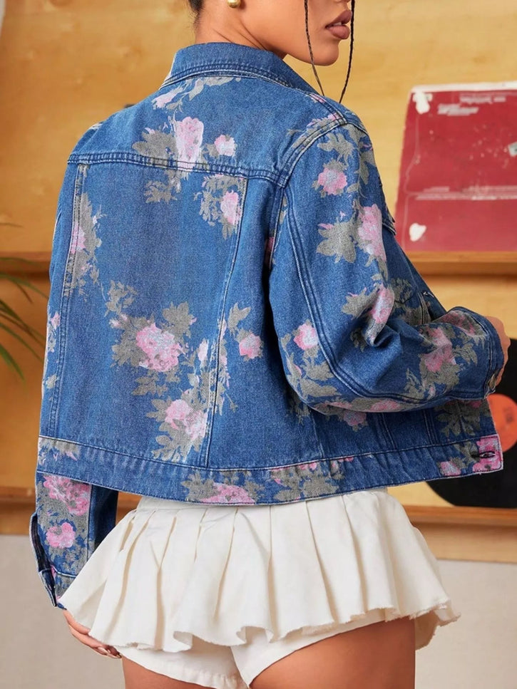 Floral Print Cropped Denim Jacket - THE AMERICAN BLUE