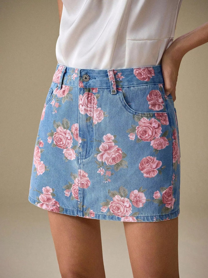 Floral Print Denim Skirt - THE AMERICAN BLUE
