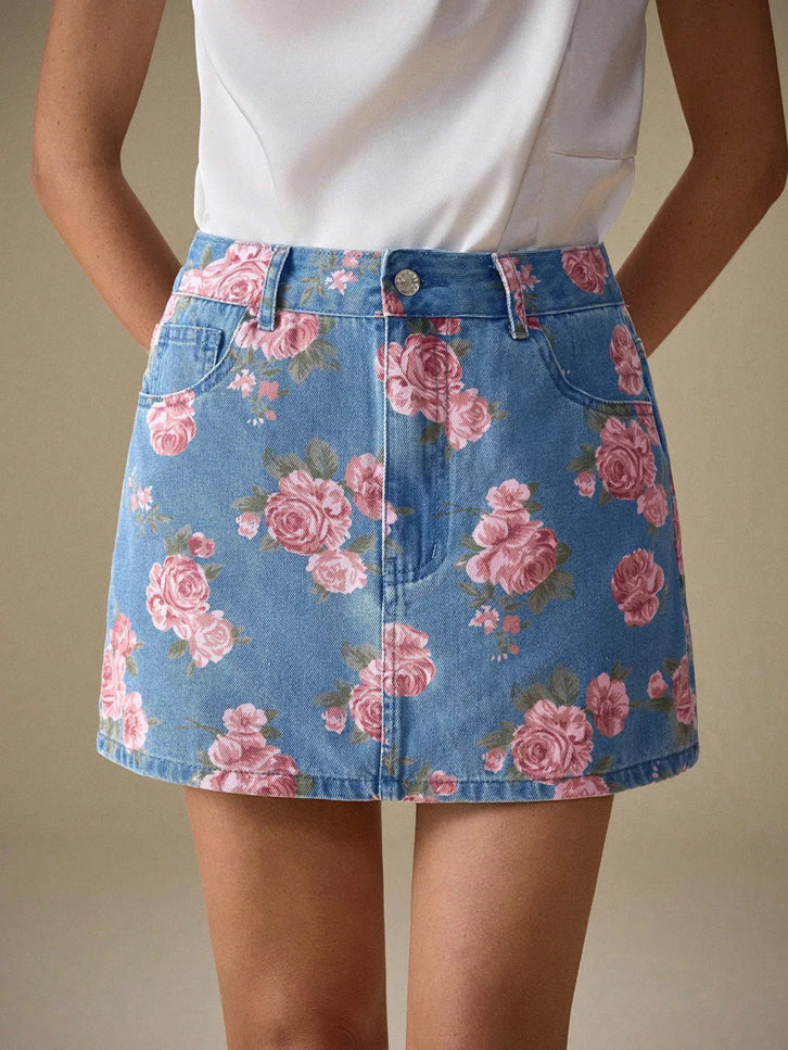 Floral Print Denim Skirt - THE AMERICAN BLUE