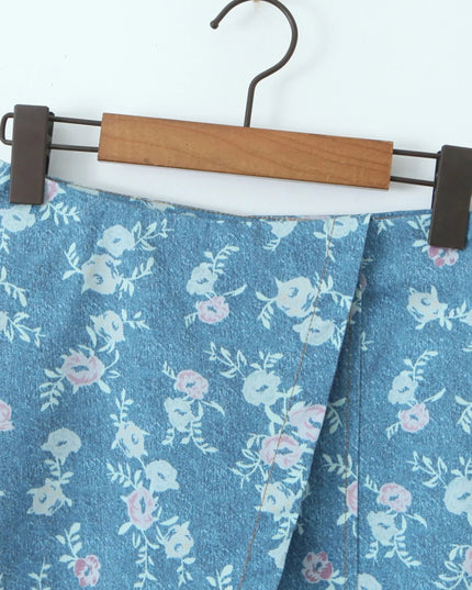 Floral Print Strapless Top and Skort Denim Set - THE AMERICAN BLUE