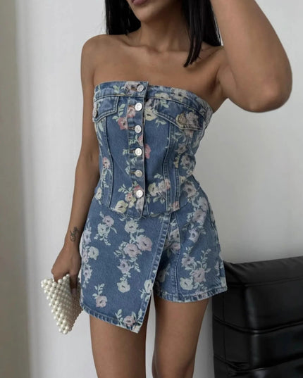 Floral Print Strapless Top and Skort Denim Set - THE AMERICAN BLUE