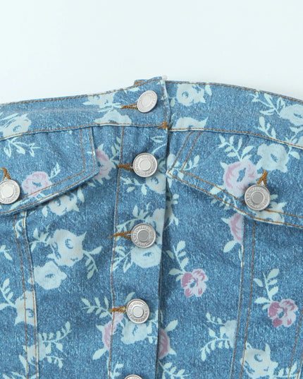 Floral Print Strapless Top and Skort Denim Set - THE AMERICAN BLUE