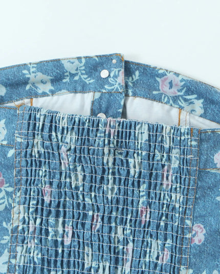 Floral Print Strapless Top and Skort Denim Set - THE AMERICAN BLUE
